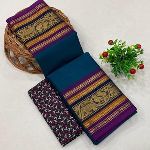 Chettinad Cotton saree with zari border | extra kalamkari blouse | Indian saree | Cotton saree