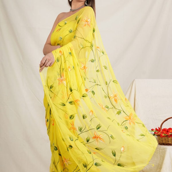 Pastel Petal Dreams (Pure Chiffon Hand Painted Saree)