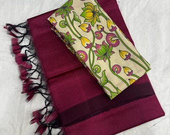 Mangalgiri pure pattu zijden sari met extra kalamkari blouse | Handgetouwen sari |  Handgetouwen pattu sari