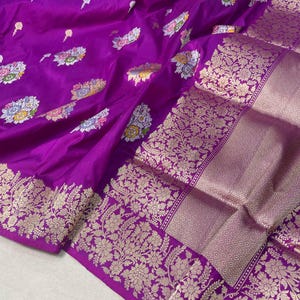 Indischer handgewebter reiner Banarasi Katan Seide Sari | Handgewebter Sariseide | Braut sari | Seide Sari