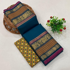 Chettinad Cotton saree with zari border | extra kalamkati blouse | Indian saree | Cotton saree