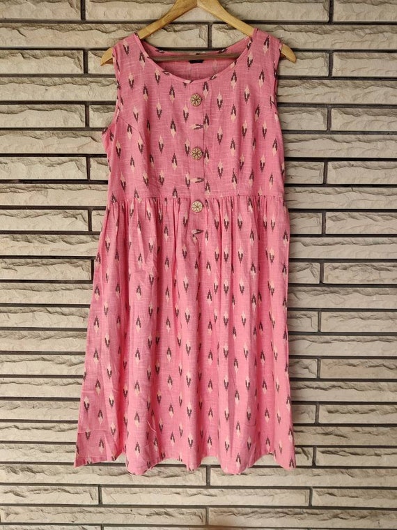 Cotton Ikkat Sleeveless Tunic Dress: Pink Summer Kurti
