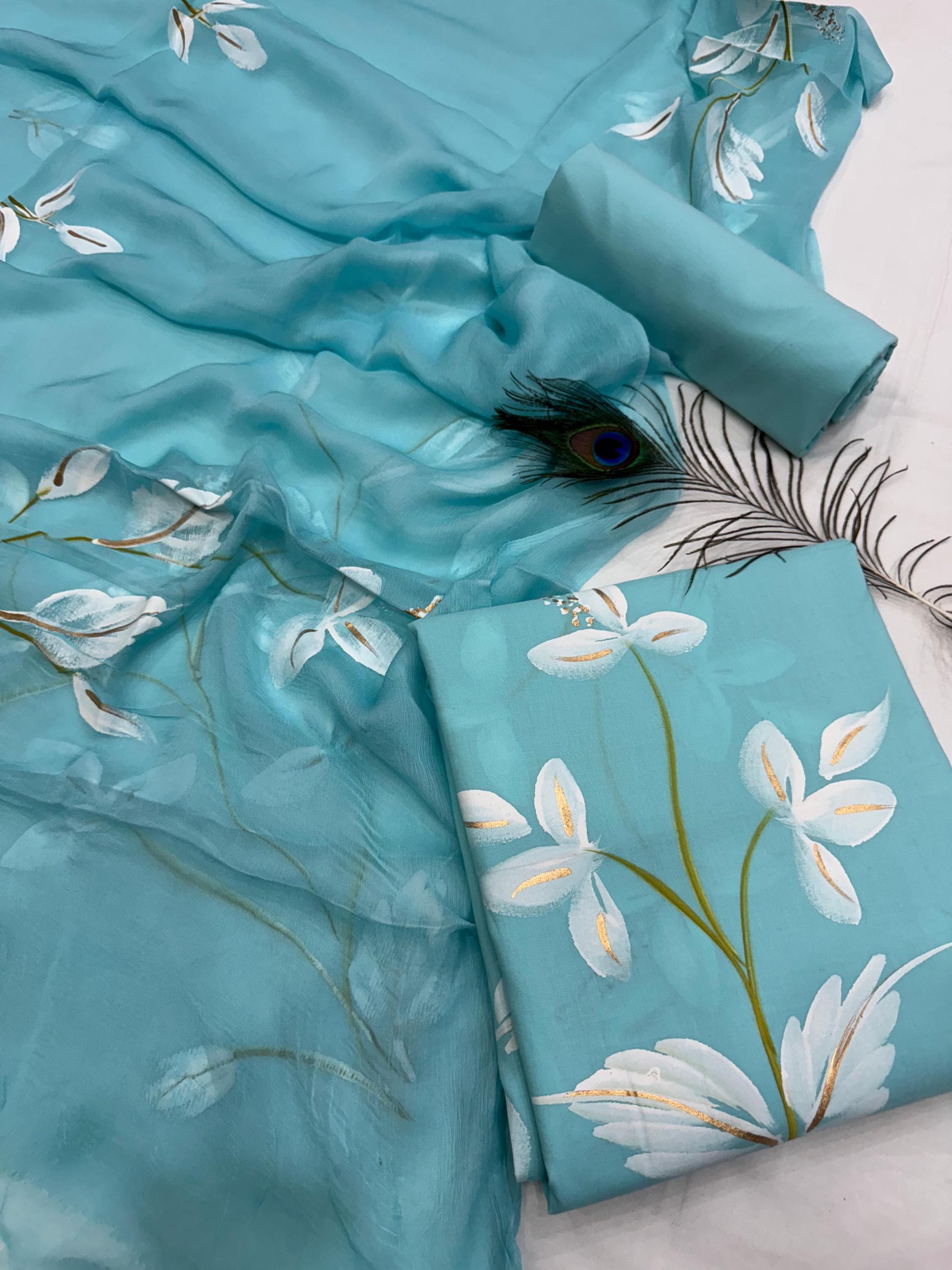 Pure Cotton Hand Painted Suit Materials With Chiffon Dupatta Suit Sets Salwar Kameez Etsy