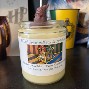 May include: A candle jar with a brown sorting hat on top. The label reads "Which house will you be sorted into?" and "Blueberry Cobbler | Taylor Candle Creations | Hand Poured Soy Wax | NET WT: 16 OZ".