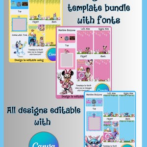 Pode incluir: Um download digital de modelos imprimíveis para uma festa com tema de máquina de lavar roupa. Os modelos apresentam vários personagens, incluindo Mickey Mouse, Stitch e Bluey. Os modelos são projetados para serem editados usando Canva e vêm com fontes. O texto "Todos os designs são editáveis com Canva" está incluído na imagem.
