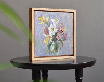Original still life with flowers in a wooden floating frame. Unique floral wall art. Flower Painting for home interior. Fine art. Canvas art