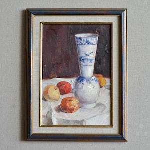 Original framed oil painting. Kitchen still life with apples and vase in vintage style. European wall art