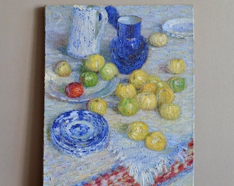 Large kitchen still life with a jug and fruit. Vintage canvas oil painting. Blue jug with white crockery and yellow apples. Unique fine art