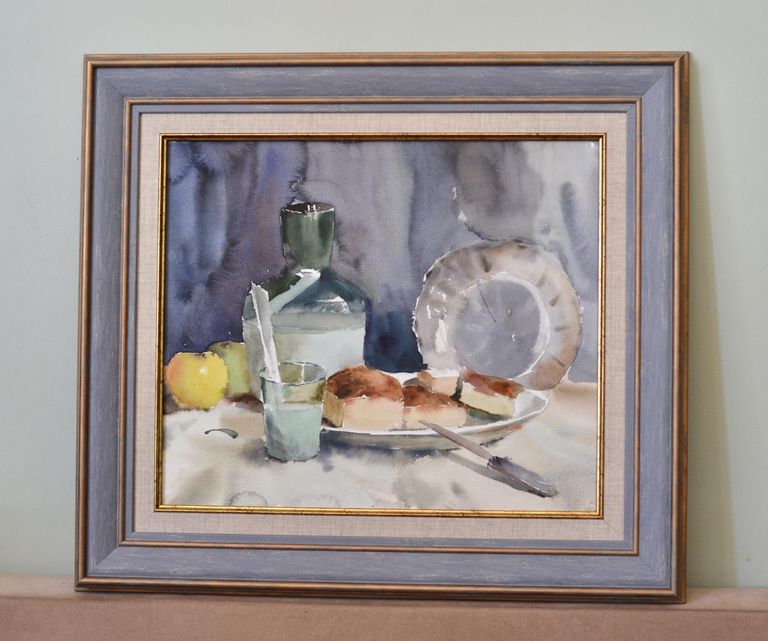 Grande nature morte de cuisine encadrée. Aquarelle de table nature morte avec du lait, des fruits et un petit pain. Beaux-arts européens. Peinture de style vintage Art unique