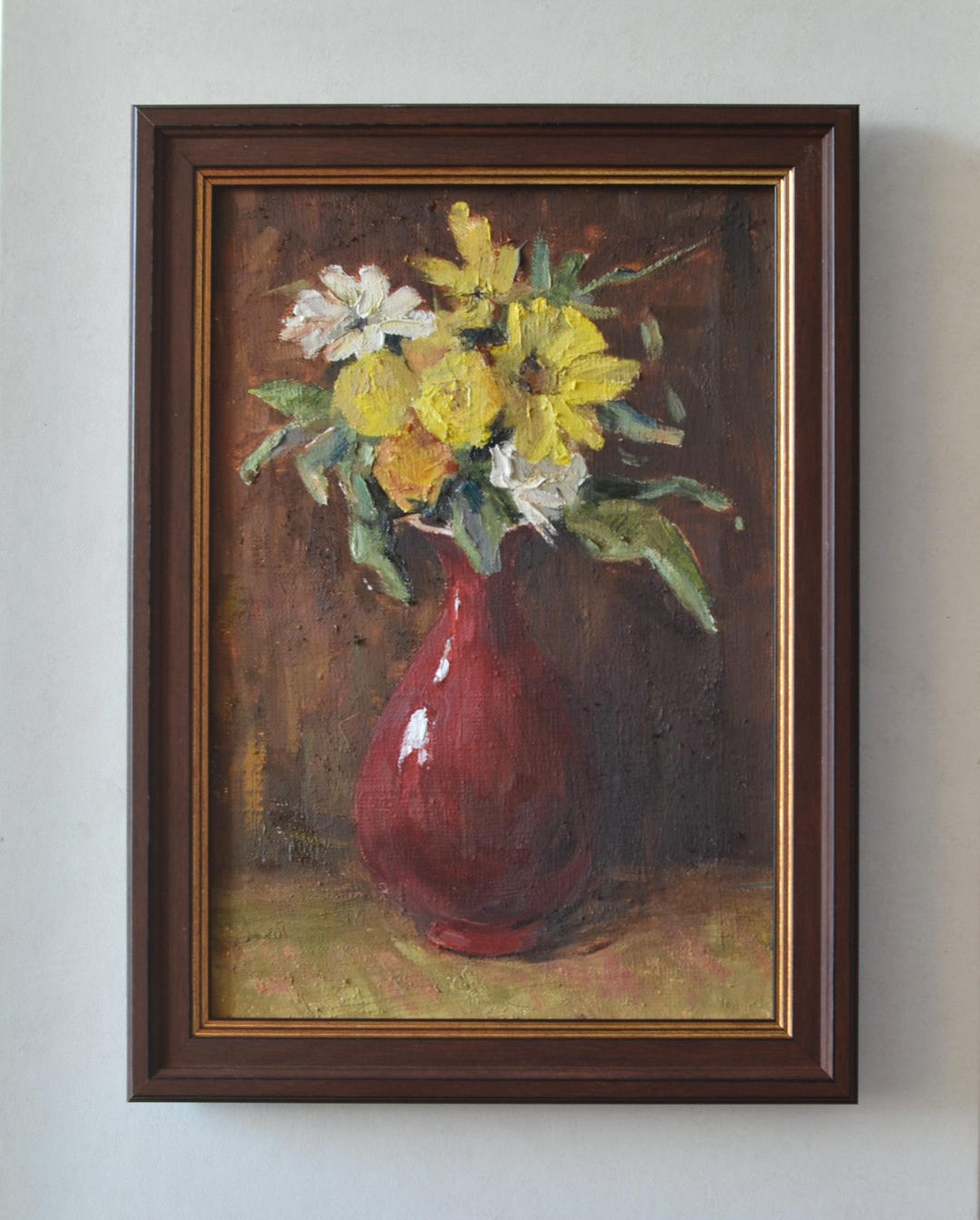 Original Framed Oil Painting on Canvas. Dark Still Life With a Bouquet ...