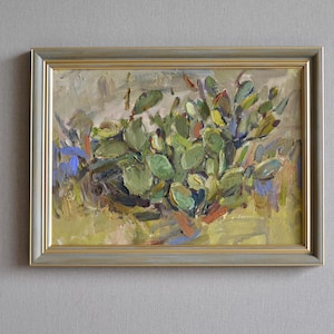 Pintura a óleo original emoldurada. Pintura impressionista com cacto tropical verde. Cena da vida selvagem. Arte mural moderna. Belas artes europeias. Única.