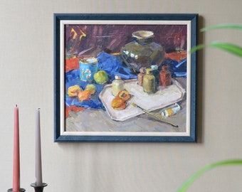 Grande nature morte originale à l&#39;huile. Art mural moderne impressionniste avec des fruits. Peinture à l&#39;huile sur toile encadrée. Beaux-arts. Unique en son genre
