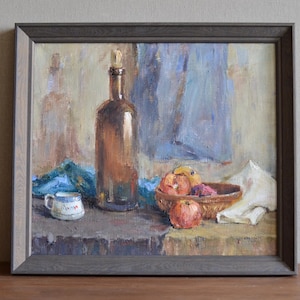 Original framed still life oil painting on canvas. Impressionist kitchen still Life with bottle, fruit and drapery. European fine art Unique