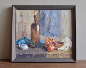 Original framed still life oil painting on canvas. Impressionist kitchen still Life with bottle, fruit and drapery. European fine art Unique