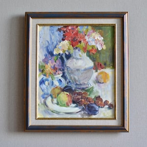 Original kitchen still life oil painting. Impressionist still life with flowers and fruits. Framed wall art. European fine art One of a kind