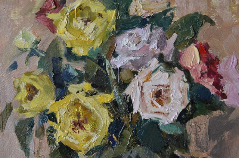 Original Floral Still Life Oil Painting. Impressionistic Colorful