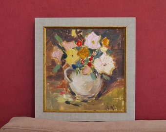Original oil floral still life painting in a frame. Colorful wall art with flowers in vase. Bouquet of spring flowers oil painting.