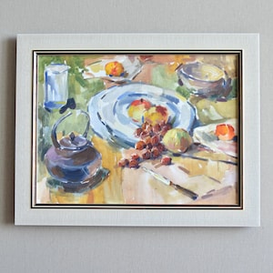 Original framed oil painting on canvas. Kitchen still life with fruits and teapot on grass in the sun. Impressionist wall art. One of a kind