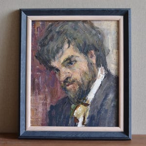 Framed male portrait oil painting on canvas. Impressionistic portrait of a man with a beard in a suit. Vintage style wall art. One of a kind