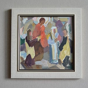 Pintura a óleo original emoldurada. Composição filosófica e abstrata sobre tema cristão. Oração no templo. Belas artes europeias. Única.