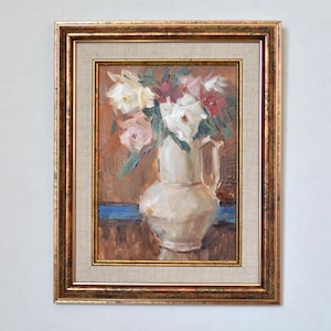 Original floral still life oil painting. Impressionistic bouquet of flowers in a vintage vase. Framed wall art. European fine art. Unique