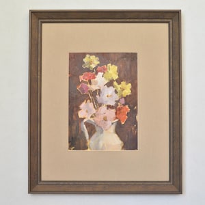 Original framed floral still life oil painting. Impressionist bouquet of wild flowers in a vintage white vase. European Fine art. Unique art