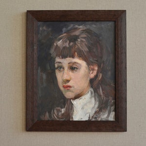 Pintura al óleo original enmarcada. Retrato impresionista de una joven. Retrato de mujer en estilo vintage. Bellas artes europeas. Única
