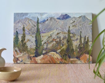 Peinture à l'huile originale de paysage de montagne. Espèces croates et cyprès. Art mural moderne européen. Unique en son genre