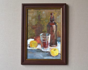 Original framed oil painting. Kitchen still life with a bottle and apples. Food wall art