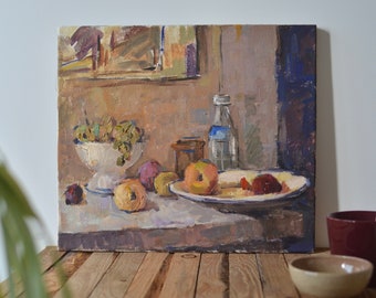 Original oil still life painting with fruit. Kitchen wall art. Impressionistic still life with grape and apples Contemporary canvas painting