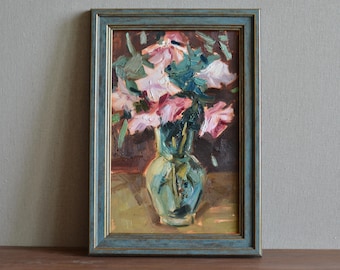 Original floral still life oil painting. Impressionistic bouquet of pink and white roses in a glass vase. European fine art. Framed wall art