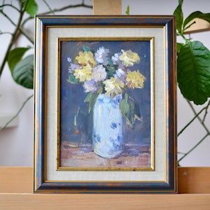 Pintura al óleo original de naturaleza muerta con flores. Ramo impresionista de flores en un jarrón vintage. Obra enmarcada. Bellas artes europeas. Única en su tipo