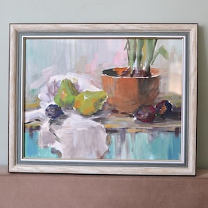 Framed kitchen still life. Impressionist still life with fruit and tablecloth. Modern wall art. Bright kitchen painting. European fine art.