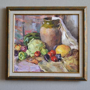 Original framed oil painting on canvas. Kitchen still life with vegetables and a jug. Vintage wall art