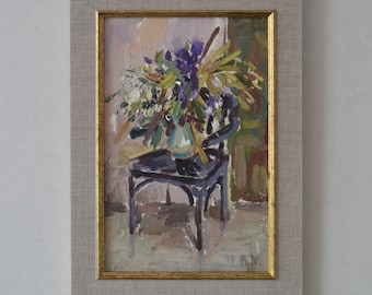 Original oil floral still life painting in a frame. Contemporary wall art. Still life with flowers in a vase. Scene in the artist's studio