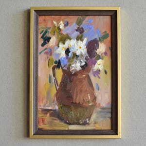 Pintura al óleo original de naturaleza muerta con flores. Ramo colorido impresionista de flores silvestres en un jarrón. Arte mural enmarcado. Bellas artes europeas
