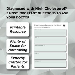 Op de afbeelding: Printbare checklist met de titel "5 Belangrijkste vragen voor uw arts bij hoog cholesterol?" met vijf lege regels om vragen en antwoorden op te schrijven. De checklist is ontworpen voor het maken van notities en bevat een medisch symbool.