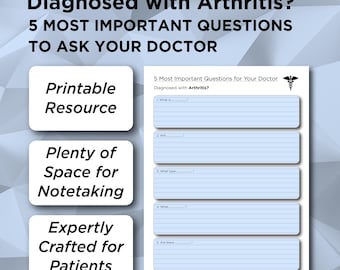 Puede incluir: Hoja de trabajo imprimible con fondo azul y líneas blancas. La hoja de trabajo se titula "5 preguntas más importantes para su médico diagnosticado con artritis?" e incluye cinco preguntas con espacio para escribir respuestas. La hoja de trabajo también presenta un símbolo médico.