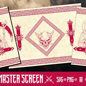 May include: Three red and white dungeon master screens with different illustrations. The first screen features a hooded figure with a staff and a crescent moon. The second screen features a skull with horns. The third screen features a hooded figure with a staff. The screens are labeled "Dungeon Master Screen".