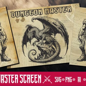 Może przedstawiać: Ekran Mistrza Gry o tematyce fantasy. Centralny panel przedstawia smoka na skale, z bocznymi panelami przedstawiającymi muskularnego wojownika. U góry znajduje się napis "Dungeon Master".