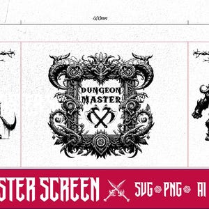 Może przedstawiać: Czarno-biała ilustracja ekranu Mistrza Podziemi z trzema panelami. Panel środkowy zawiera tekst "Dungeon Master" z krzyżującymi się toporkami. Panele lewy i prawy przedstawiają czarno-białą ilustrację dużego, muskularnego stworzenia z rogami.