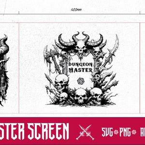Może przedstawiać: Czarno-biała ilustracja ekranu Mistrza Podziemi z trzema panelami. Lewy panel przedstawia głowę demona z rogami i brodą. Panel środkowy przedstawia czaszkę z rogami i banerem z napisem "Dungeon Master". Prawy panel przedstawia głowę orka z mieczem.