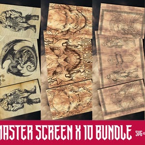 Könnte beinhalten: Ein Set aus zehn digitalen Dungeon Master-Bildschirmen mit verschiedenen Fantasy-Illustrationen und Text. Die Bildschirme sind im rustikalen Holzmaserungsstil mit braunen und schwarzen Tönen gehalten. Der Text beinhaltet "Dungeon Master" und "IMMINUS UMBHARUT".