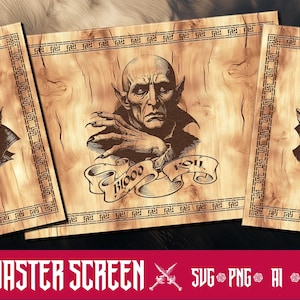 May include: A wooden dungeon master screen with a vampire illustration and the text "Blood Roll".