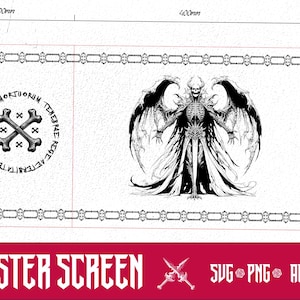 May include: A black and white illustration of a winged skeletal figure with a crown on its head. The figure is standing in the center of a white rectangular background with a black border. The border is decorated with a repeating pattern of chains and a skull and crossbones motif. The text "MORTUORUM TERRESNE ACETOR EAETERMITATEM" is written in a circle around the skull and crossbones.