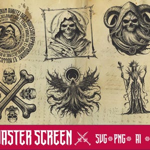 May include: A set of black and white illustrations featuring various fantasy creatures, including a skull with crossed bones, a hooded figure, a creature with horns, and a skeletal figure with a staff. The illustrations are set against a parchment background with text in a foreign language.