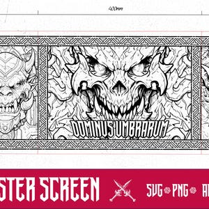 Könnte beinhalten: Schwarz-Weiß-Illustration eines Dungeon Master Screens mit drei Tafeln. Jede Tafel zeigt ein detailliertes, dämonisches Gesicht. Auf der mittleren Tafel steht "Dominus Umbrarum". Der untere Teil des Bildes lautet "Dungeon Master Screen".