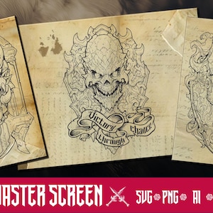 May include: Three black and white line art illustrations of monster heads with ornate frames. The centre illustration has a banner with the text "Victory through chance".