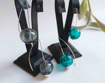 Hand Blown Hollow Glass Dangle Earrings, Ash Dust Gray Bubble Balloon Glass Hook Earrings, Modern Spherical Glass Earwire Earrings for Women