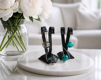 Hand Blown Glass Dangle Earrings: Sterling Silver Hook, Modern Gray Spheres